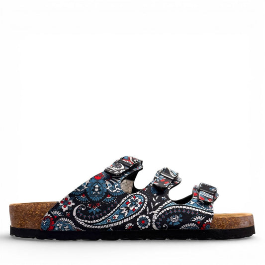 Viking Banff three-strap sandal in black paisley print with cork midsole and adjustable buckles.
photo of the right side