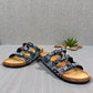 Viking Banff three-strap sandal in black paisley print with cork midsole and adjustable buckles.
photo of the front side