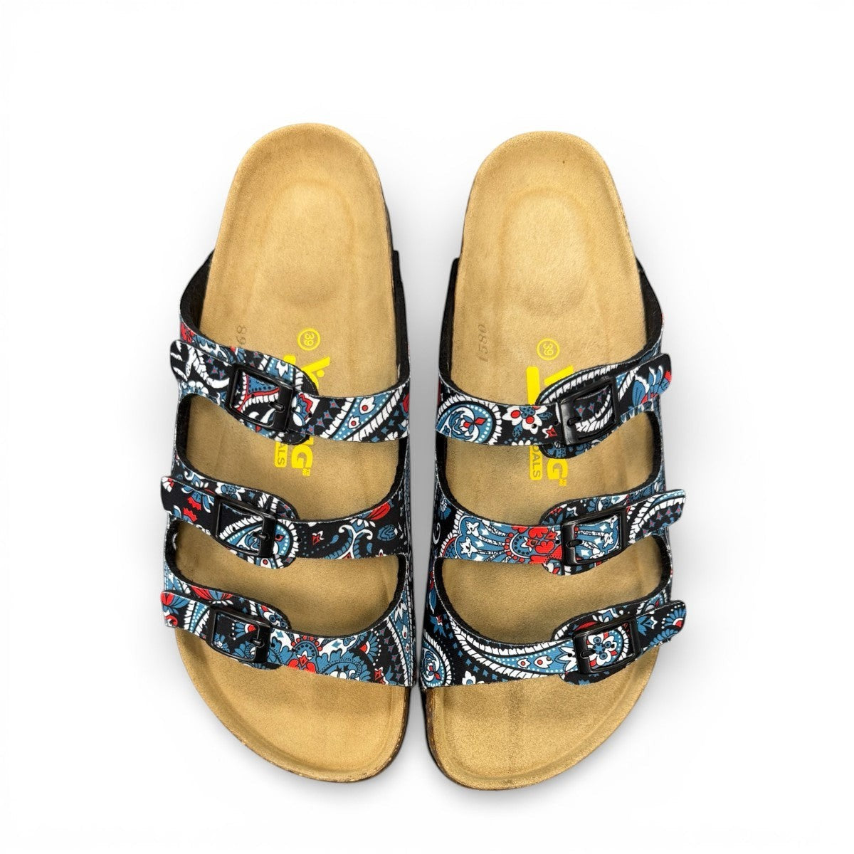 Viking Banff three-strap sandal in black paisley print with cork midsole and adjustable buckles.
photo of the top side