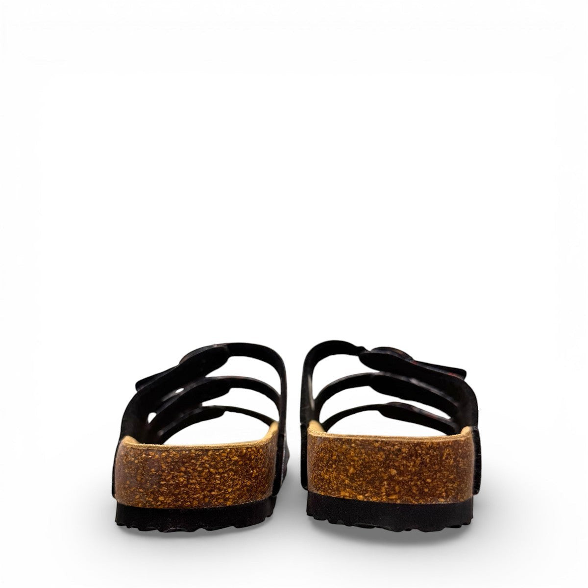 Viking Banff three-strap sandal in black paisley print with cork midsole and adjustable buckles.
photo of the back side
