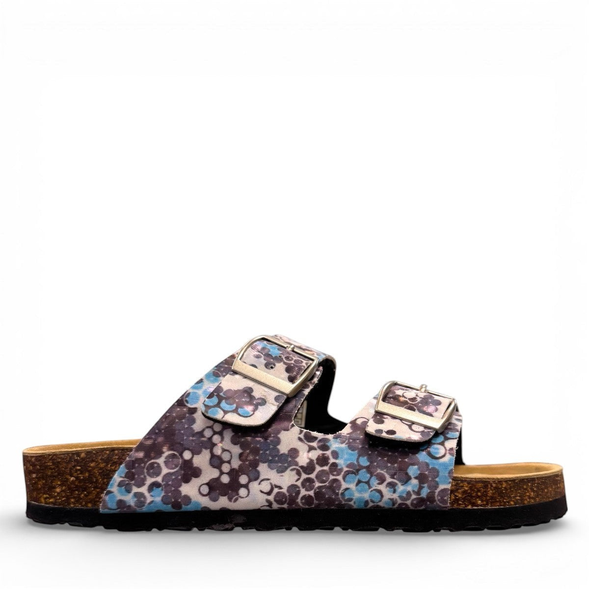Viking Chatham two-strap sandal with a blue and brown bubble print, cork midsole, and buckle closures.
photo of the right side