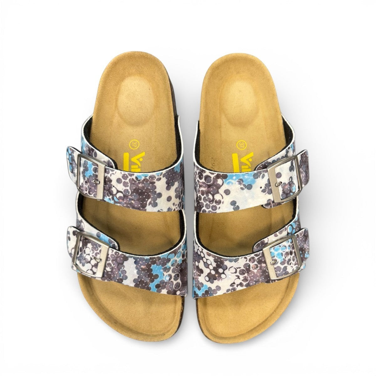 Viking Chatham two-strap sandal with a blue and brown bubble print, cork midsole, and buckle closures.
photo of the top side