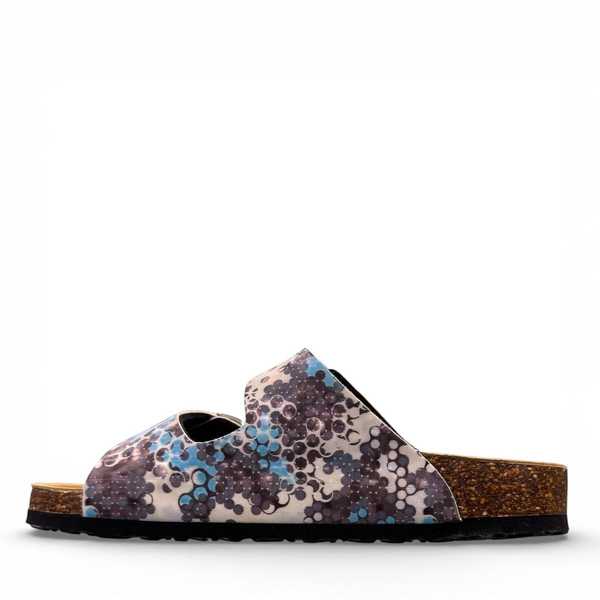 Viking Chatham two-strap sandal with a blue and brown bubble print, cork midsole, and buckle closures.
photo of the left side