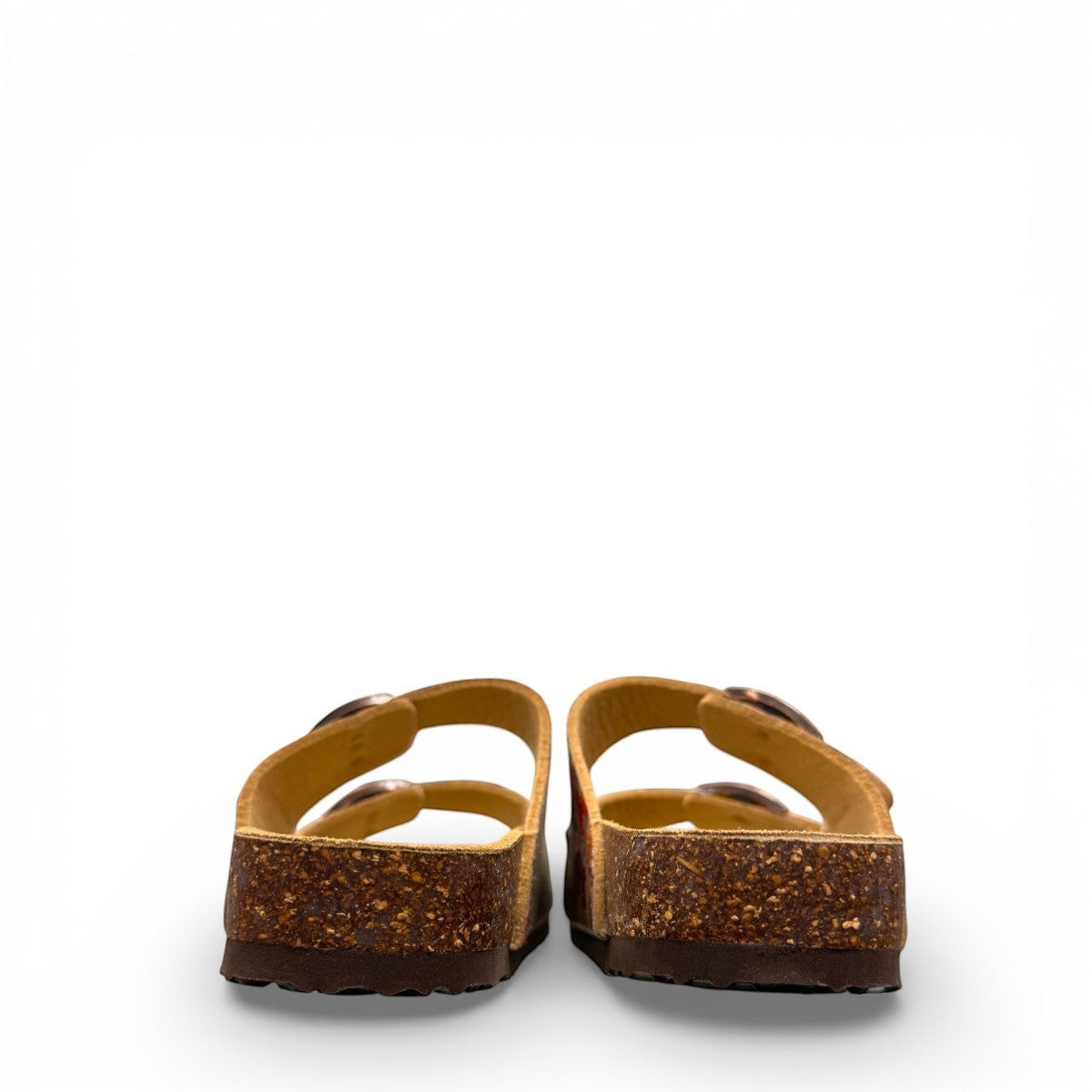 Viking Chatham toe-loop sandal with a beige floral wild garden print, cork midsole, and adjustable buckles.
photo of the back side