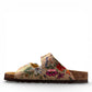 Viking Chatham toe-loop sandal with a beige floral wild garden print, cork midsole, and adjustable buckles.
photo of the left side