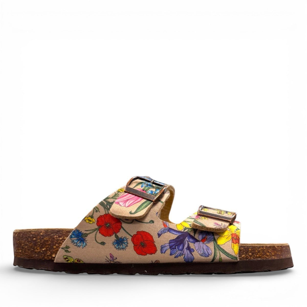 Viking Chatham toe-loop sandal with a beige floral wild garden print, cork midsole, and adjustable buckles.
photo of the right side