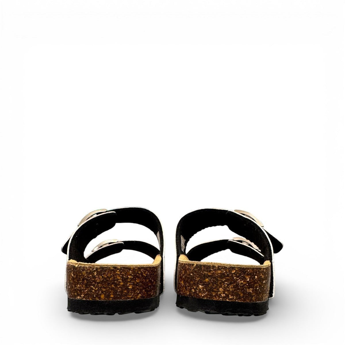 Viking Chatham two-strap sandal with a blue and brown bubble print, cork midsole, and buckle closures.
photo of the back side