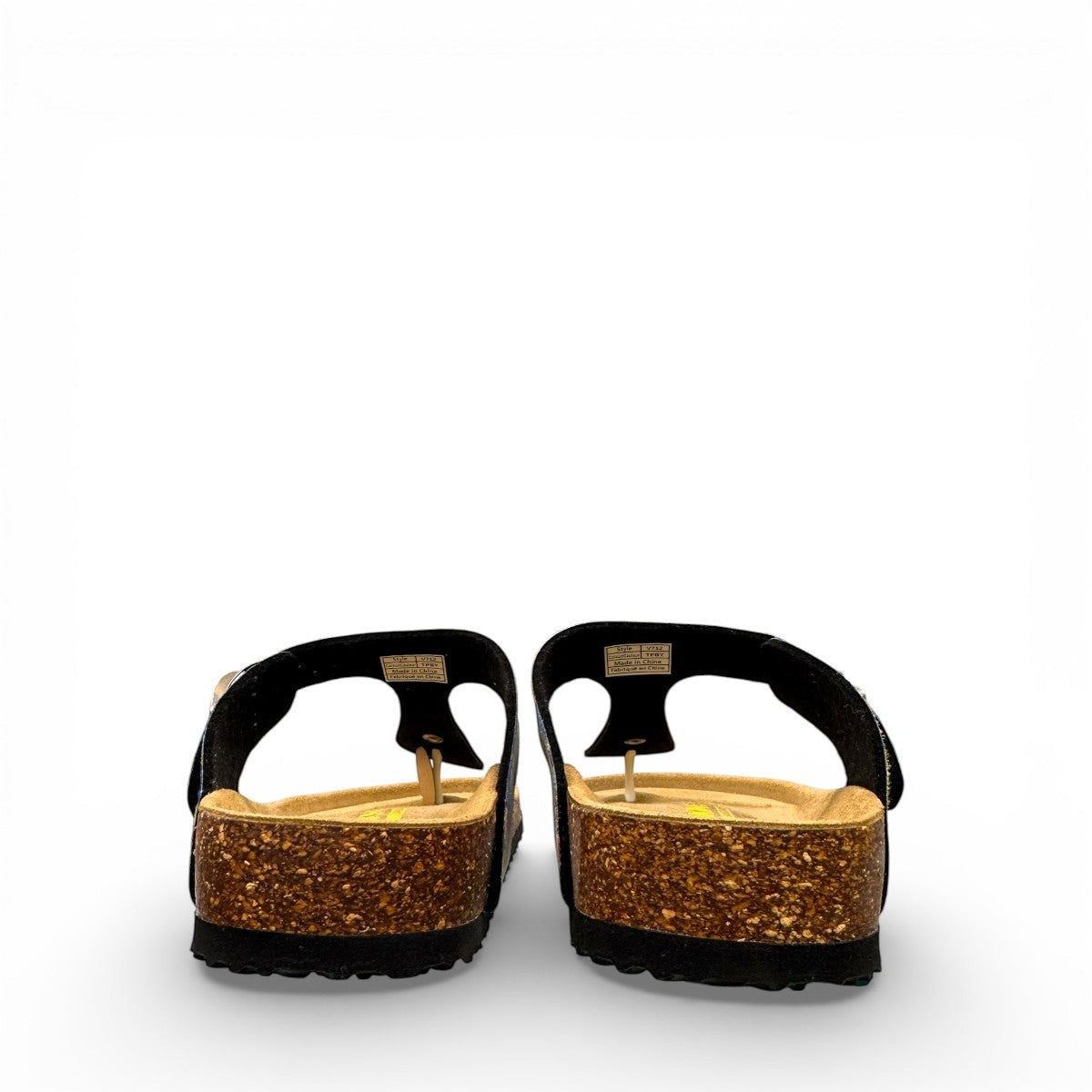 Viking Laguna thong sandals with blue tropical butterfly print strap and adjustable buckle on cork sole.
photo of the back side