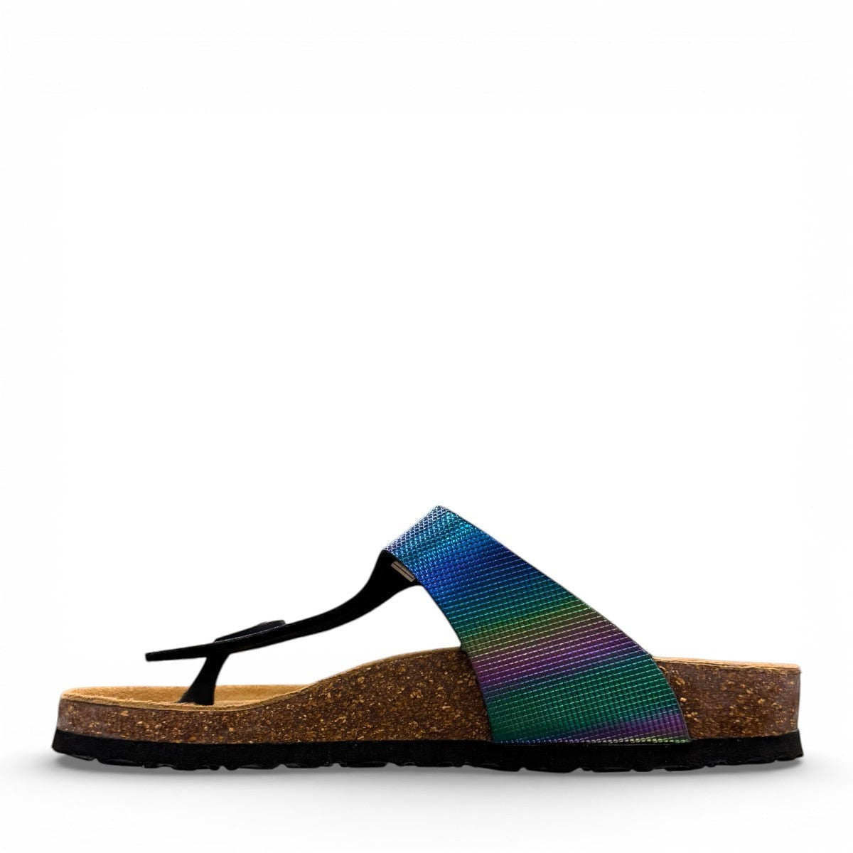 Viking Laguna glitzy rainbow thong sandal with a cork footbed and adjustable buckle strap.
photo of the left side