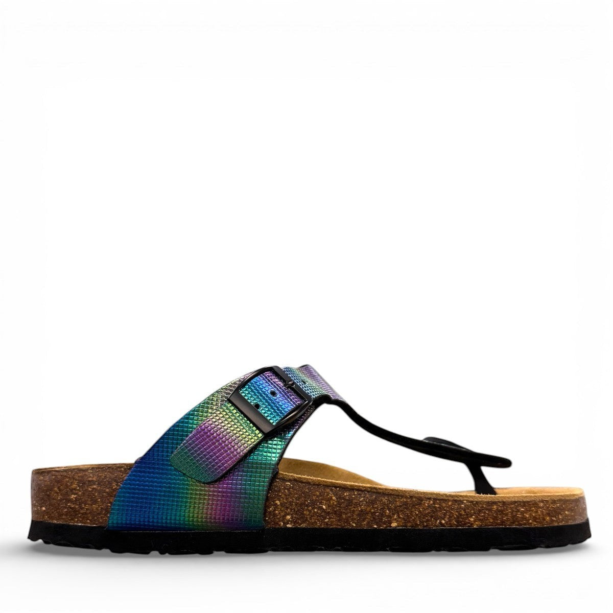 Viking Laguna glitzy rainbow thong sandal with a cork footbed and adjustable buckle strap.
photo of the right side
