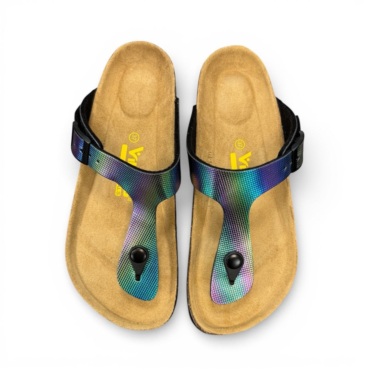 Viking Laguna glitzy rainbow thong sandal with a cork footbed and adjustable buckle strap.
photo of the top side