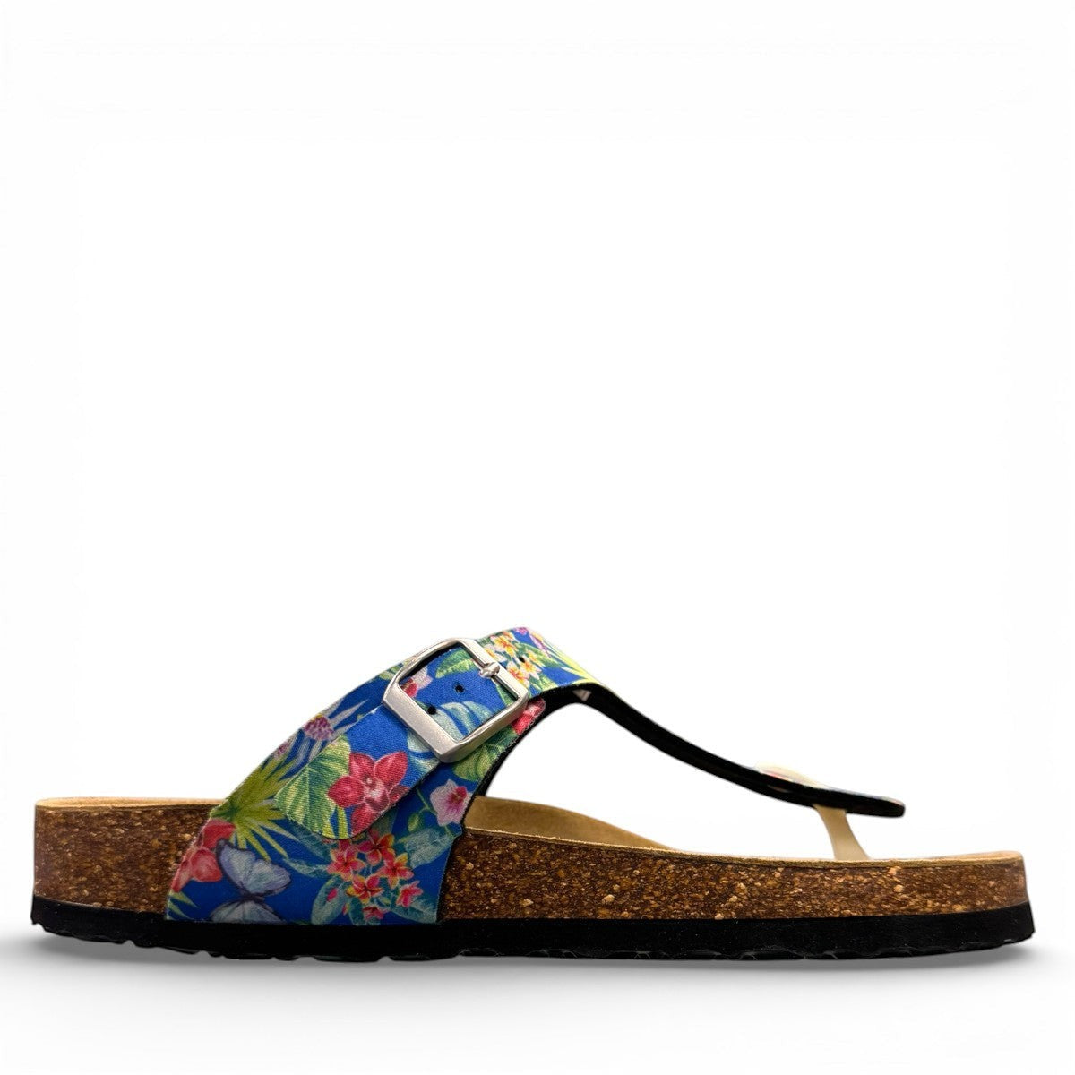 Viking Laguna thong sandals with blue tropical butterfly print strap and adjustable buckle on cork sole.
photo of the right side