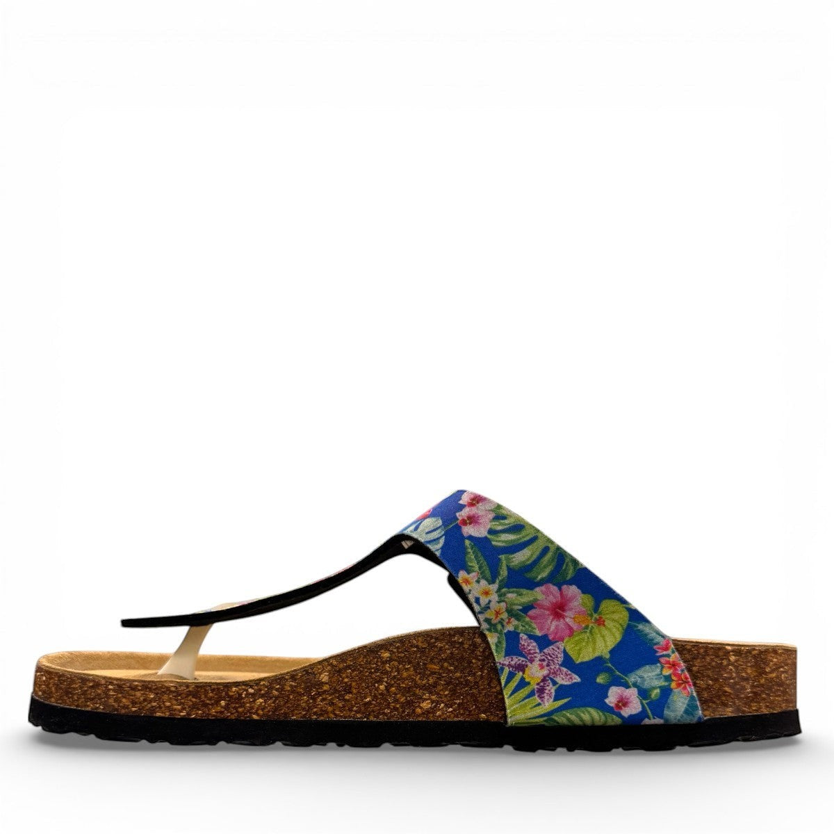 Viking Laguna thong sandals with blue tropical butterfly print strap and adjustable buckle on cork sole.
photo of the left side