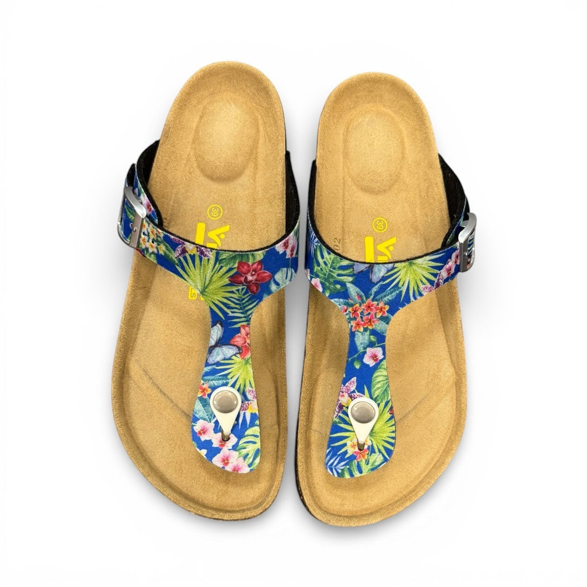 Viking Laguna thong sandals with blue tropical butterfly print strap and adjustable buckle on cork sole.
photo of the top side
