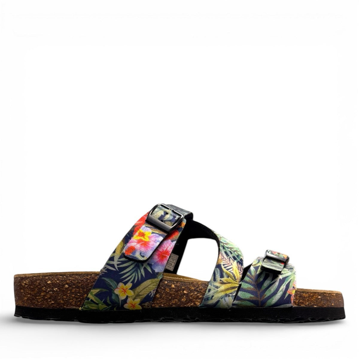 VIKING SYDNEY slide sandals with tropical floral print straps, adjustable buckles, and cork footbed.
photo of the right side