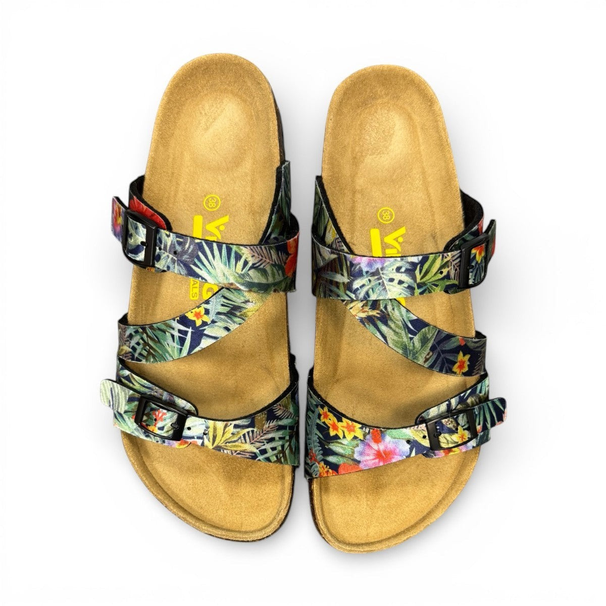 VIKING SYDNEY slide sandals with tropical floral print straps, adjustable buckles, and cork footbed.
photo of the top side