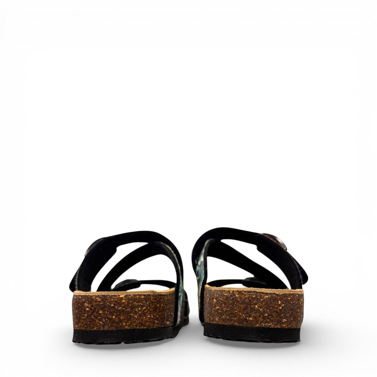 VIKING SYDNEY slide sandals with tropical floral print straps, adjustable buckles, and cork footbed.
photo of the back side