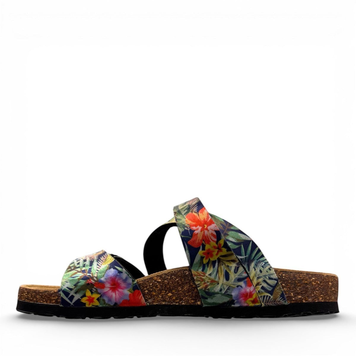 VIKING SYDNEY slide sandals with tropical floral print straps, adjustable buckles, and cork footbed.
photo of the left side