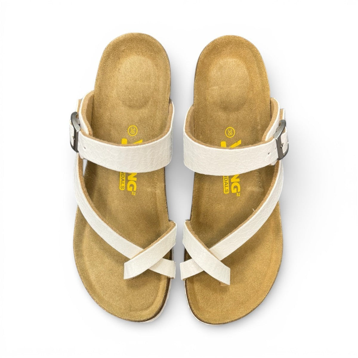 Viking Tampa white leather wedge sandals with a cork sole and adjustable buckle strap.
photo of the top side