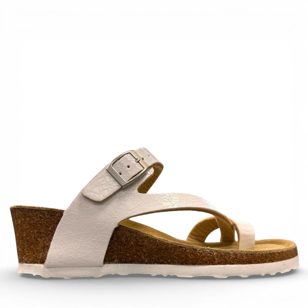 Viking Tampa white leather wedge sandals with a cork sole and adjustable buckle strap.
photo of the right side