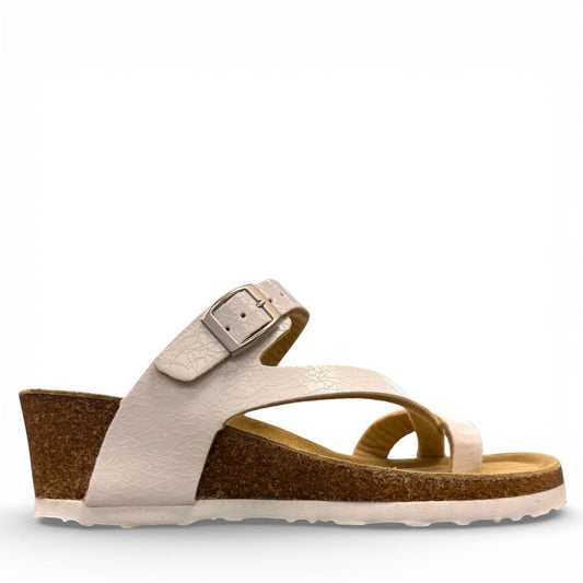 Viking Tampa white leather wedge sandals with a cork sole and adjustable buckle strap.
photo of the right side