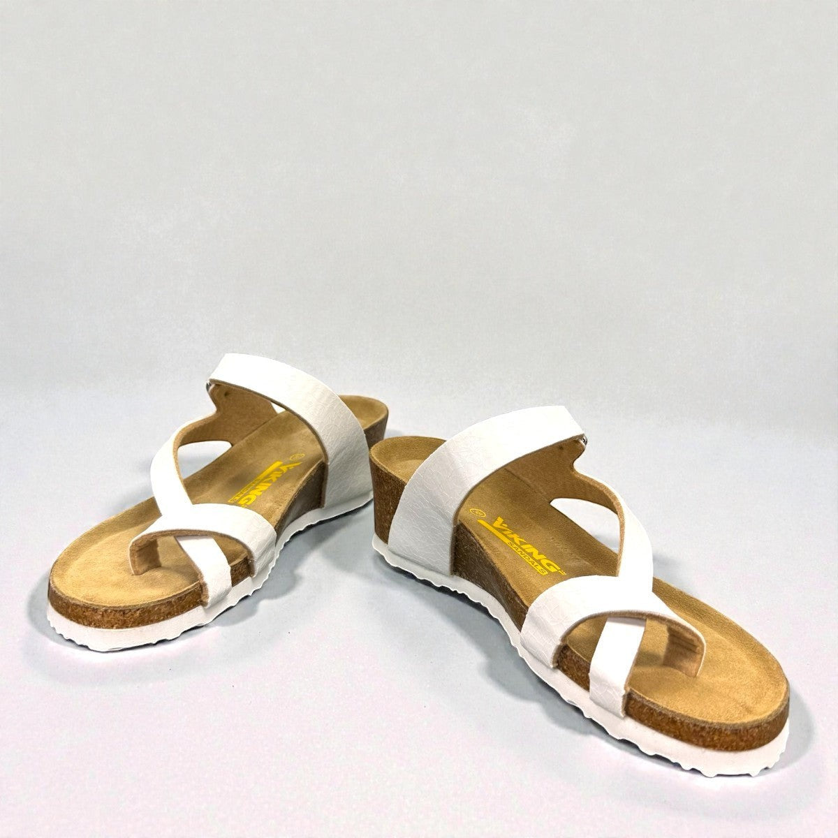 Viking Tampa white leather wedge sandals with a cork sole and adjustable buckle strap.
photo of the front side