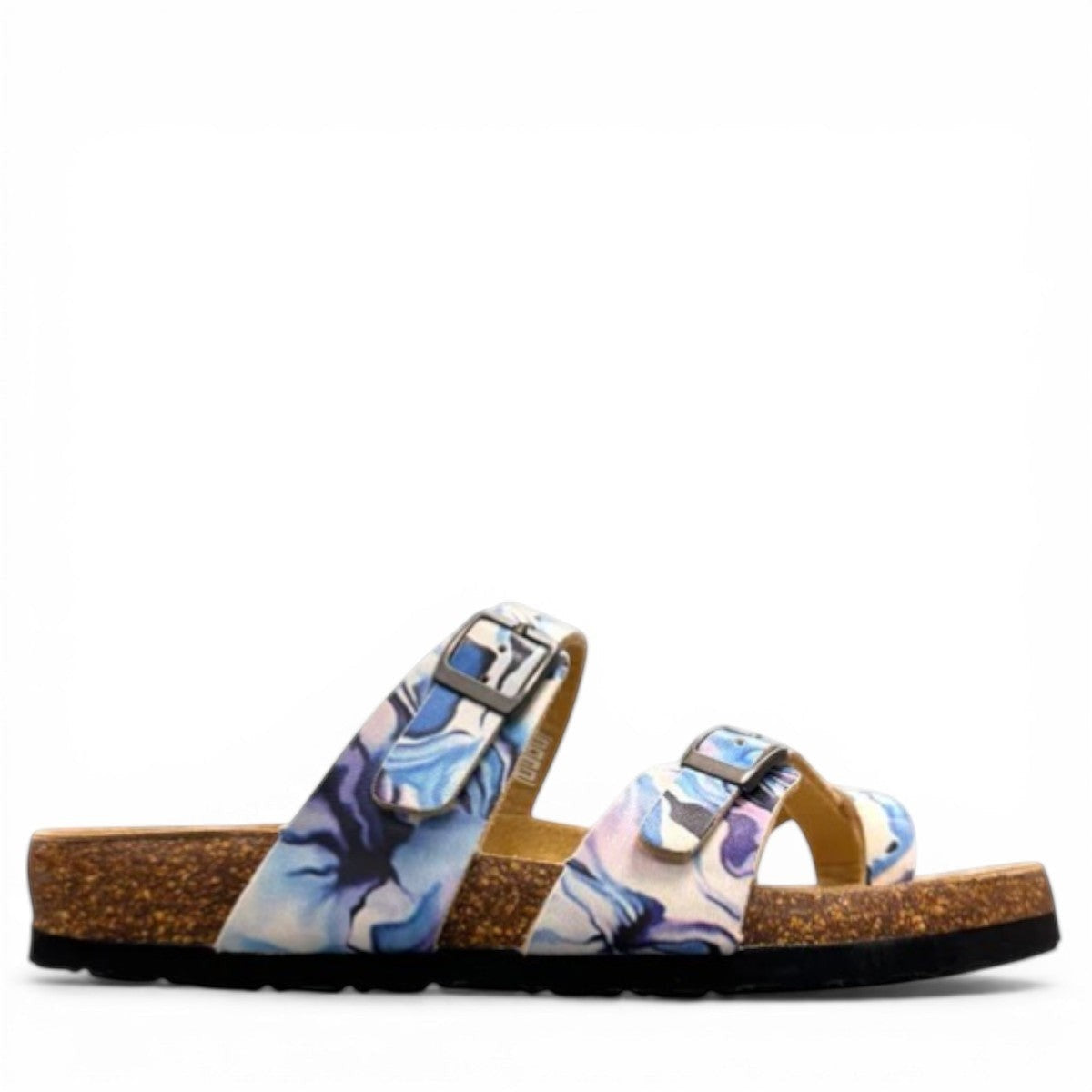 Viking Tofino blue watercolor toe-loop sandal with adjustable buckles and cork-wrapped footbed.
photo of the right side
