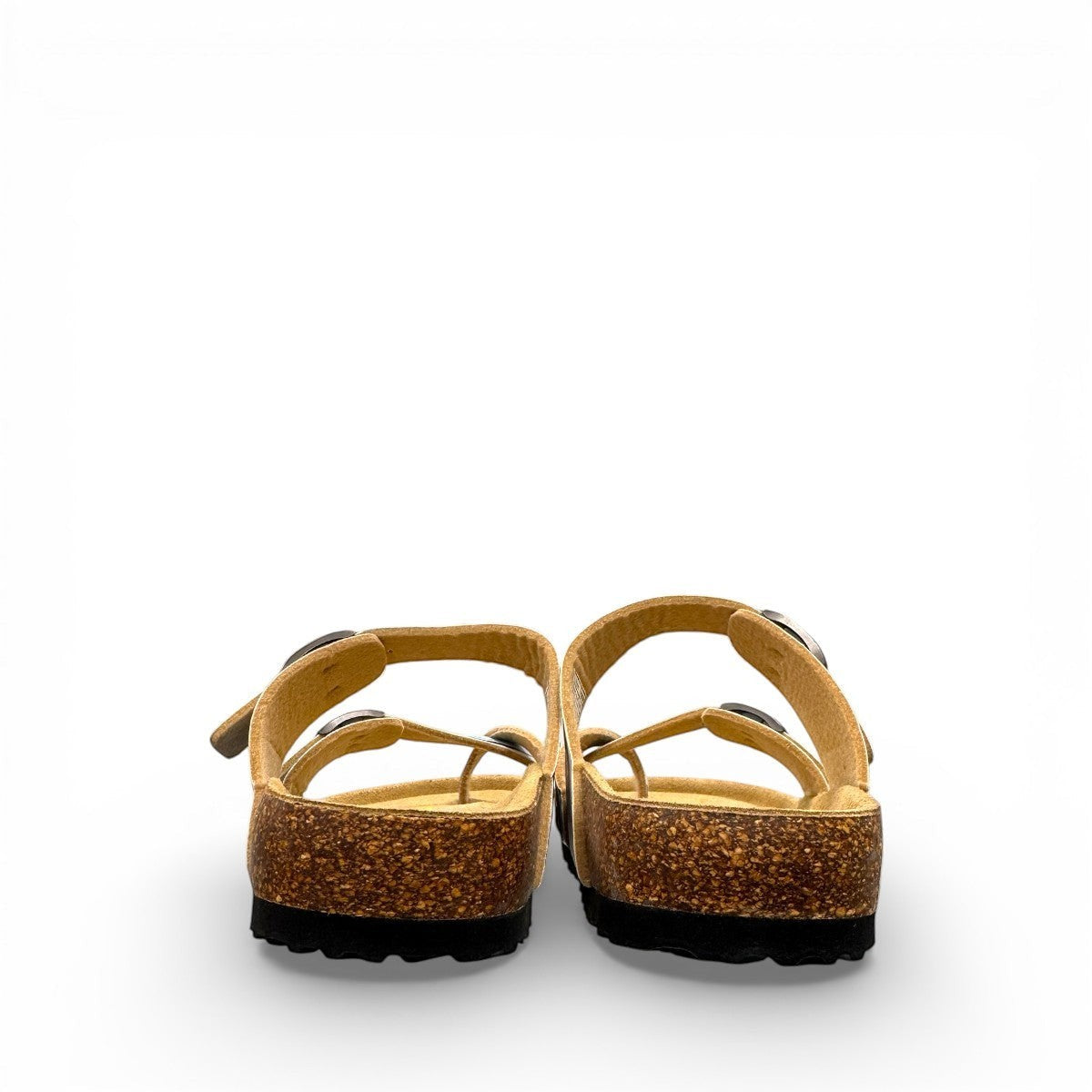Viking Chatham toe-loop sandal with a beige floral wild garden print, cork midsole, and adjustable buckles.
photo of the back side