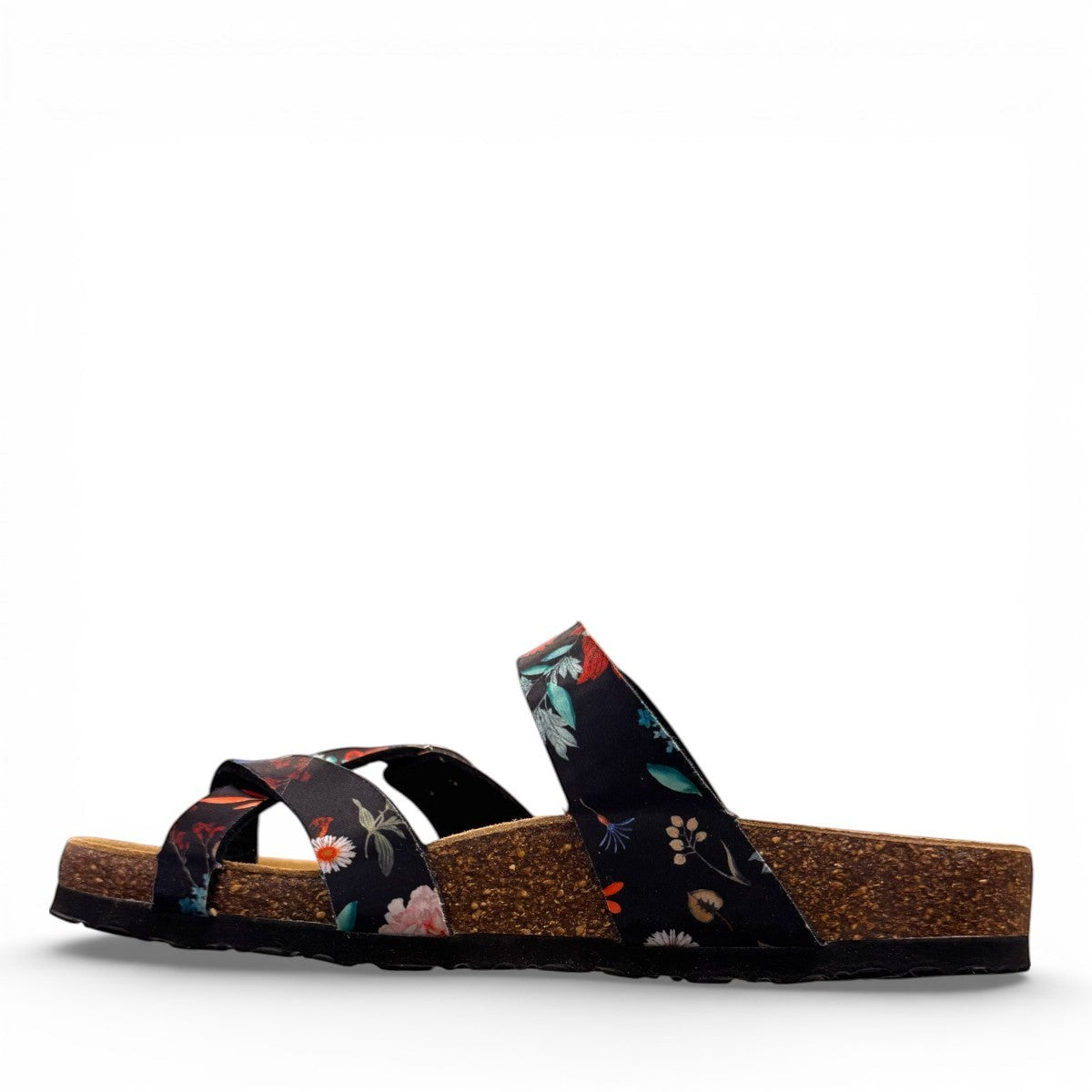 Viking Banff three-strap sandal in black paisley print with cork midsole and adjustable buckles.
photo of the left side