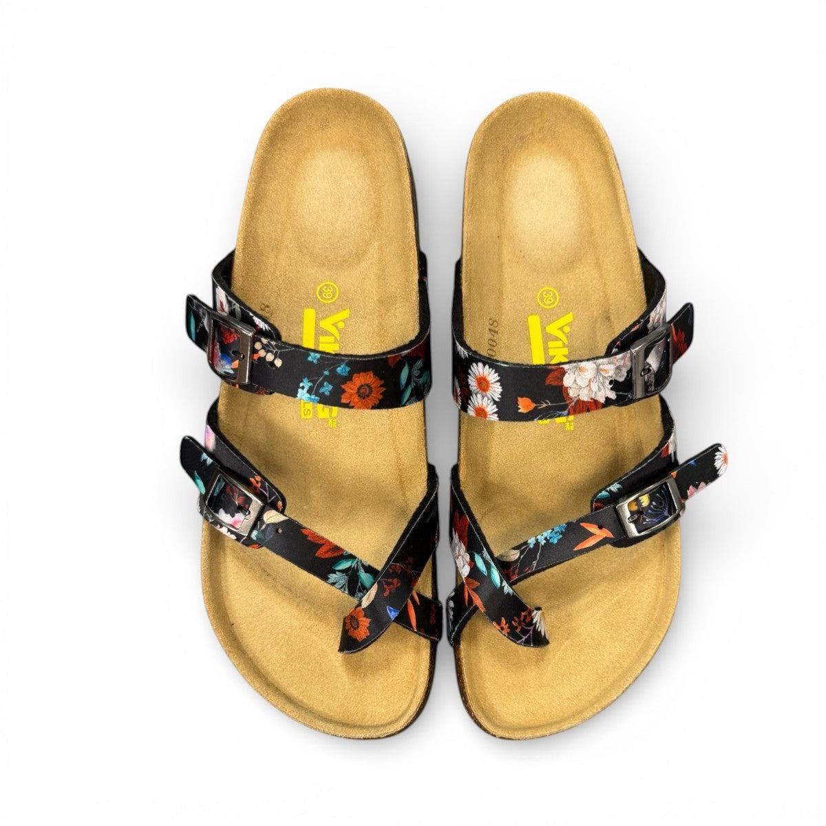 Viking Banff three-strap sandal in black paisley print with cork midsole and adjustable buckles.
photo of the top side