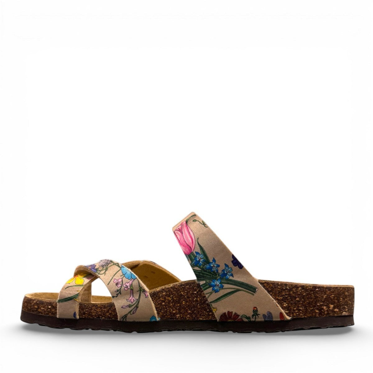 VIKING TOFINO toe-loop sandal in Wild Garden floral print with adjustable buckles and cork footbed.
photo of the left side