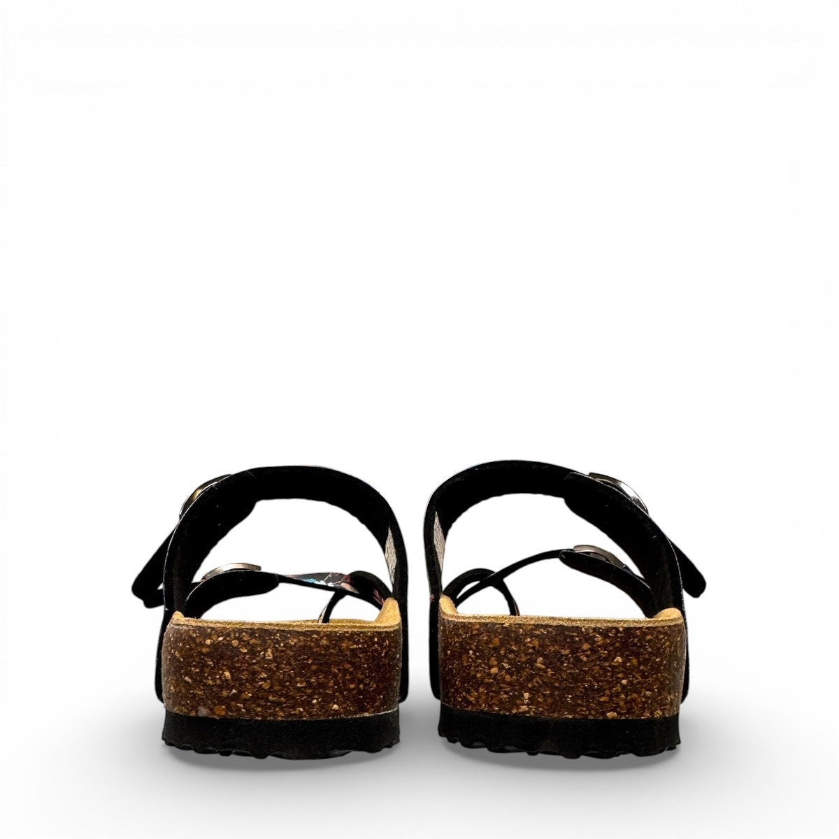 Viking Banff three-strap sandal in black paisley print with cork midsole and adjustable buckles.
photo of the back side
