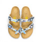 Viking Chatham toe-loop sandal with a beige floral wild garden print, cork midsole, and adjustable buckles.
photo of the top side