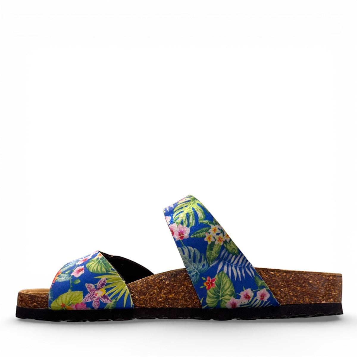 Viking Verlo slide sandals featuring a vibrant blue tropical floral print, two adjustable buckles, and a cork sole.
photo of the left side