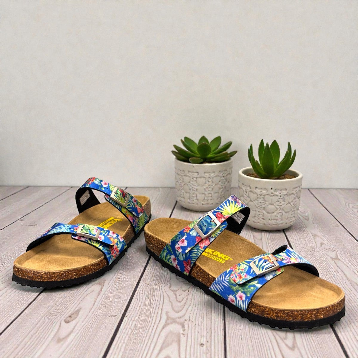 Viking Banff three-strap sandal in black paisley print with cork midsole and adjustable buckles.
photo of the front side