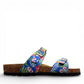 VIKING VERLO sandals with blue tropical floral print, two adjustable buckle straps, and cork-like sole.
photo of the right side