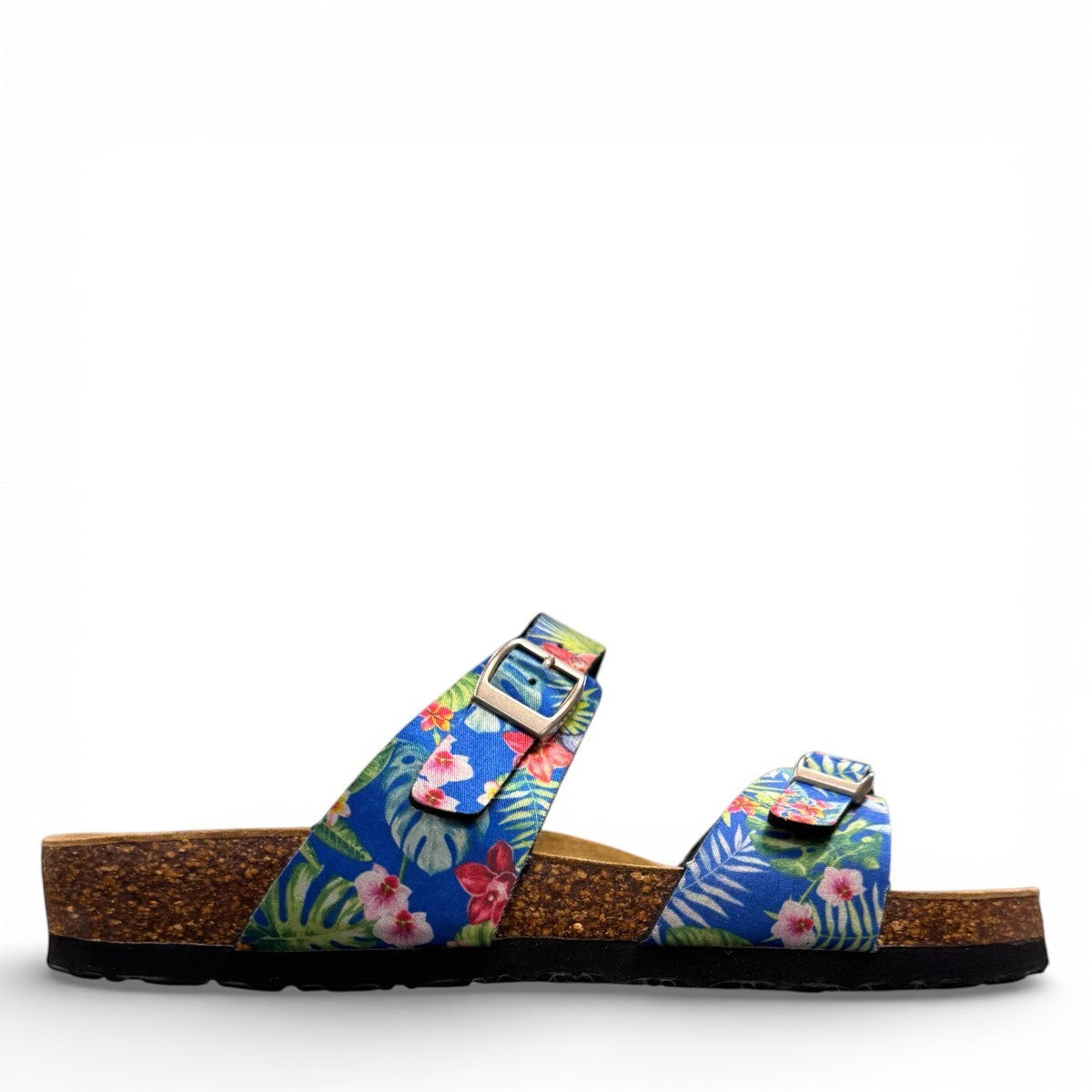 VIKING VERLO sandals with blue tropical floral print, two adjustable buckle straps, and cork-like sole.
photo of the right side