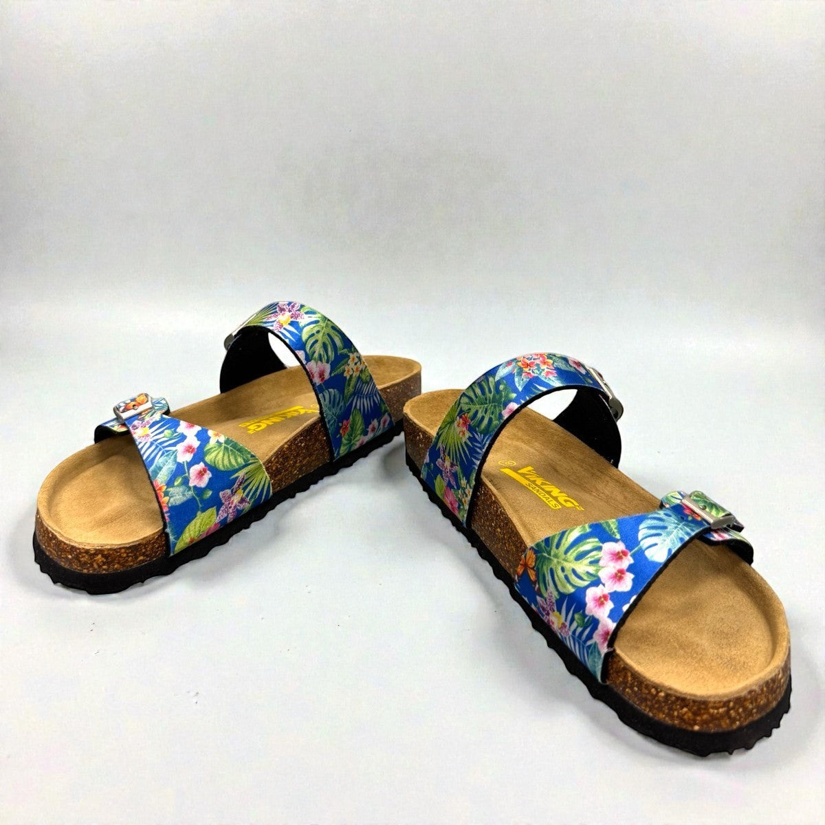 Viking Banff three-strap sandal in black paisley print with cork midsole and adjustable buckles.
photo of the front side