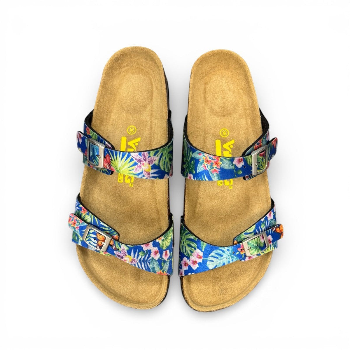 Viking Banff three-strap sandal in black paisley print with cork midsole and adjustable buckles.
photo of the top side