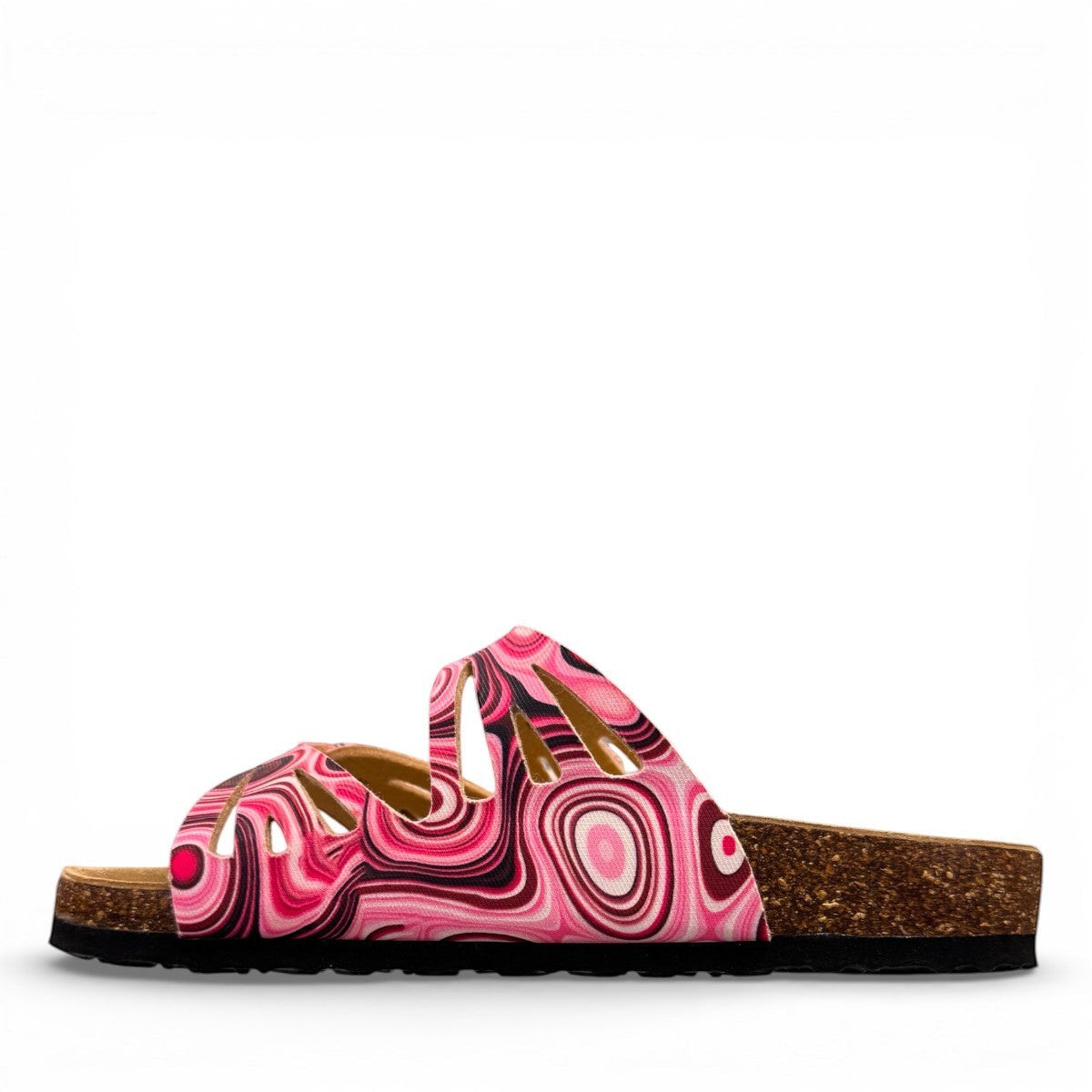 Viking Whistler berry marble toe-loop sandal with adjustable buckles and cork-wrapped contoured footbed.
photo of the left side