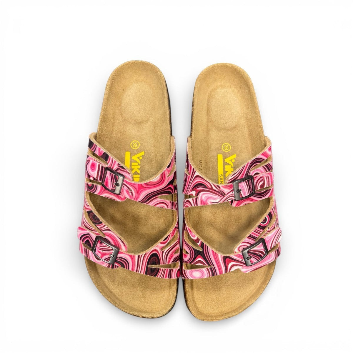 Viking Whistler berry marble toe-loop sandal with adjustable buckles and cork-wrapped contoured footbed.
photo of the top side