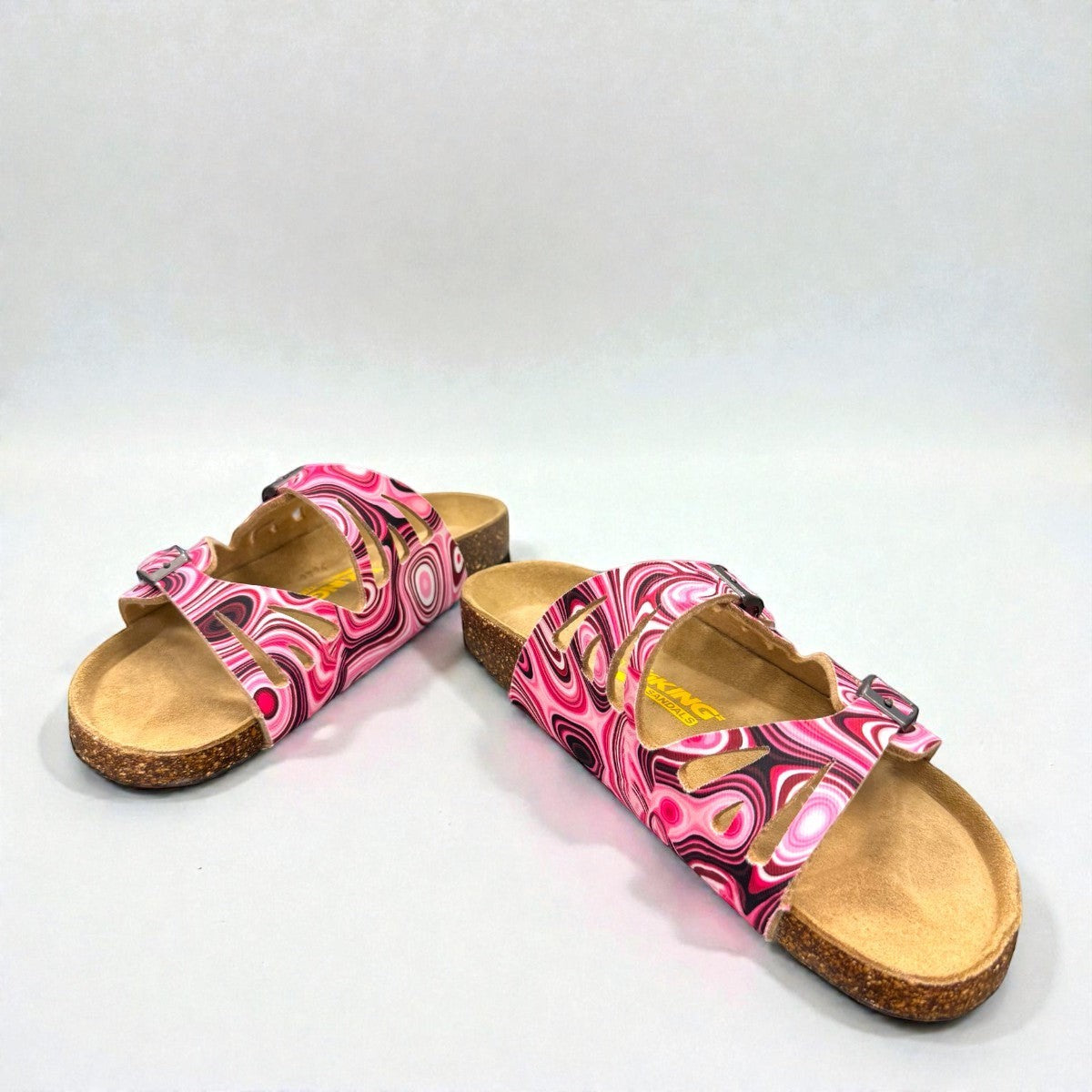 Viking Whistler berry marble toe-loop sandal with adjustable buckles and cork-wrapped contoured footbed.
photo of the front side