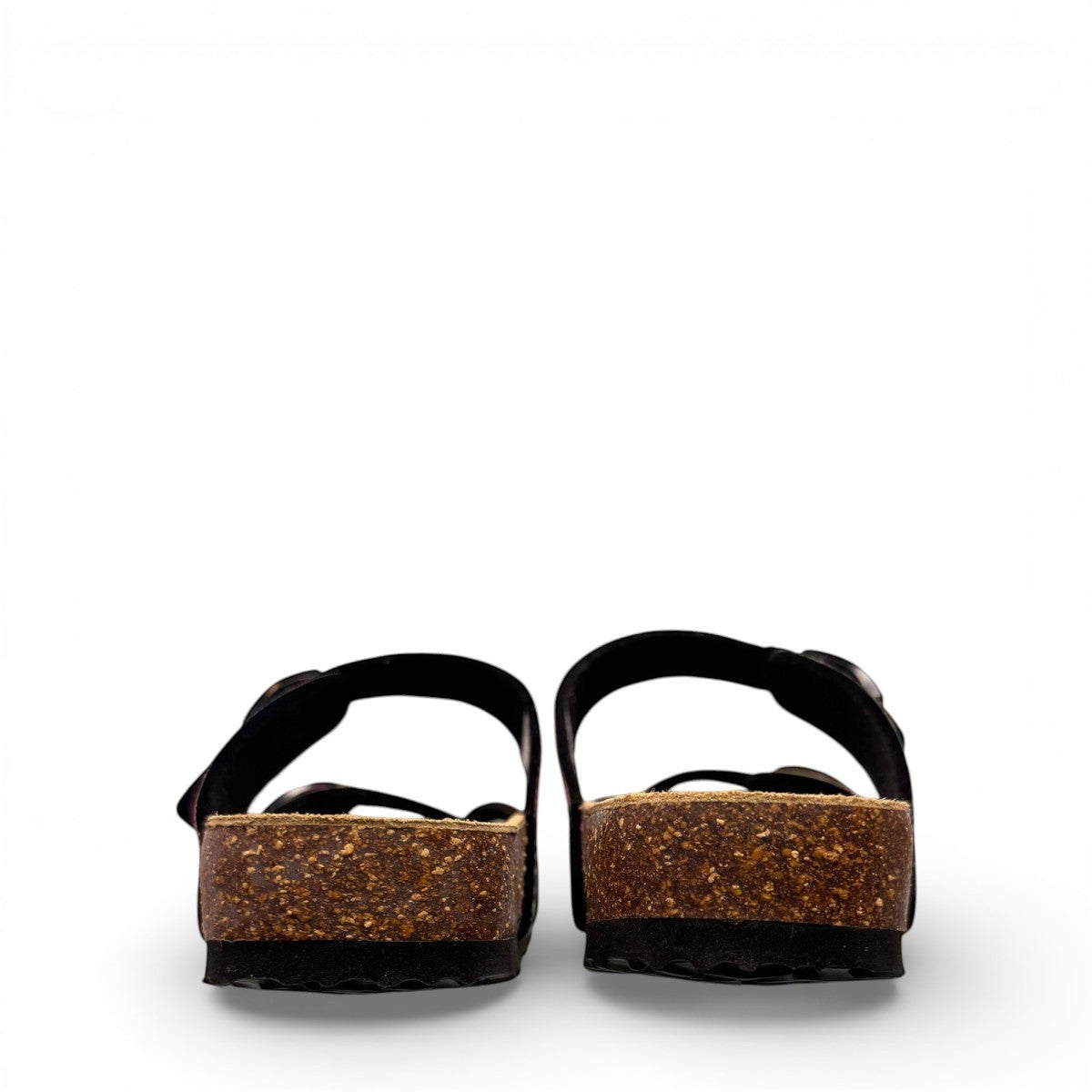 Vikings Tofino toe-loop sandals in black hibiscus floral print with adjustable buckles and cork midsole.
photo of the back side