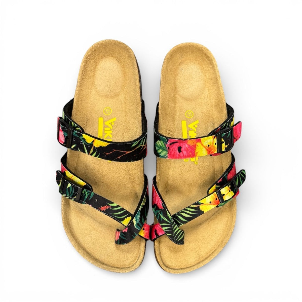 Vikings Tofino toe-loop sandals in black hibiscus floral print with adjustable buckles and cork midsole.
photo of the top side