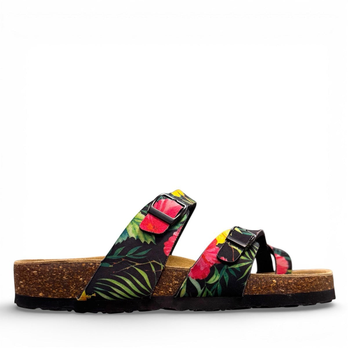 Vikings Tofino toe-loop sandals in black hibiscus floral print with adjustable buckles and cork midsole.
photo of the right side