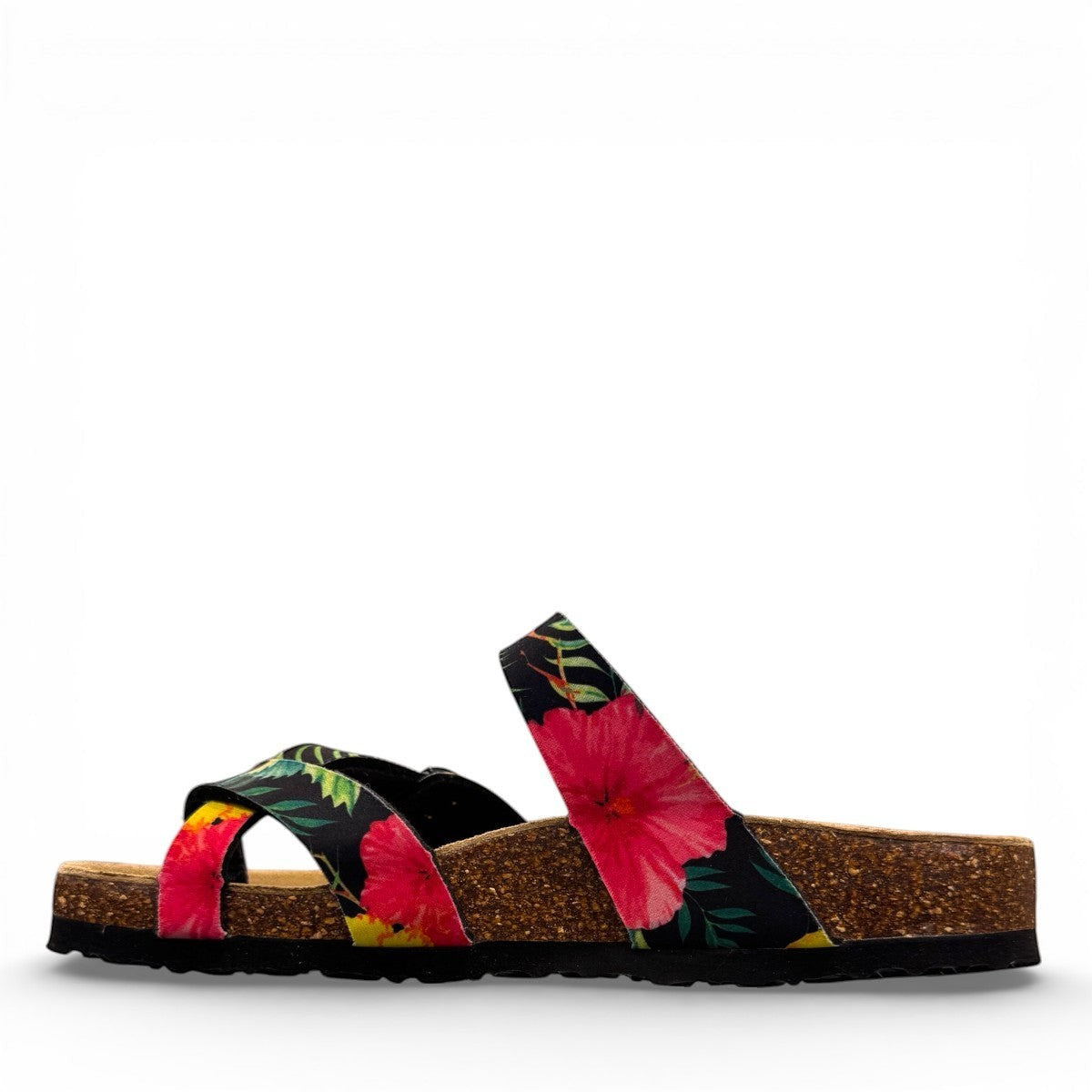 Vikings Tofino toe-loop sandals in black hibiscus floral print with adjustable buckles and cork midsole.
photo of the left side