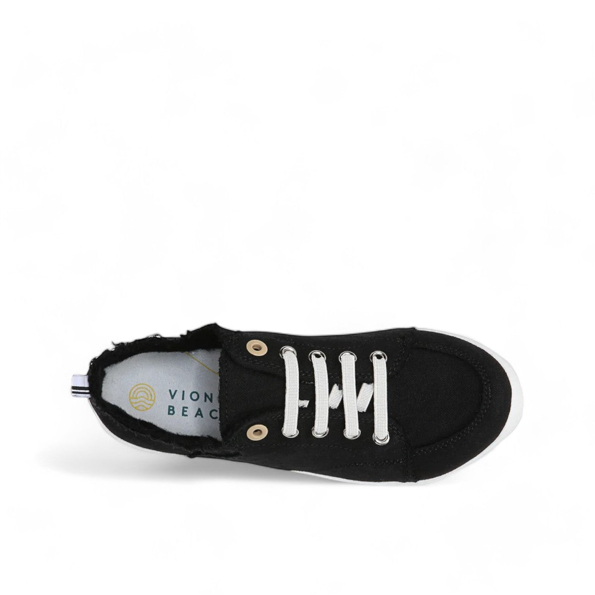 Vionic Venice Pismo black eco-conscious cotton canvas slip-on sneaker with white laces and TPR outsole.
photo of the top side