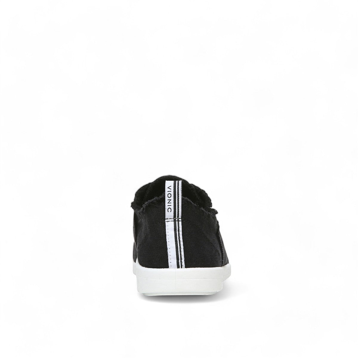 Vionic Venice Pismo black eco-conscious cotton canvas slip-on sneaker with white laces and TPR outsole.
photo of the back side
