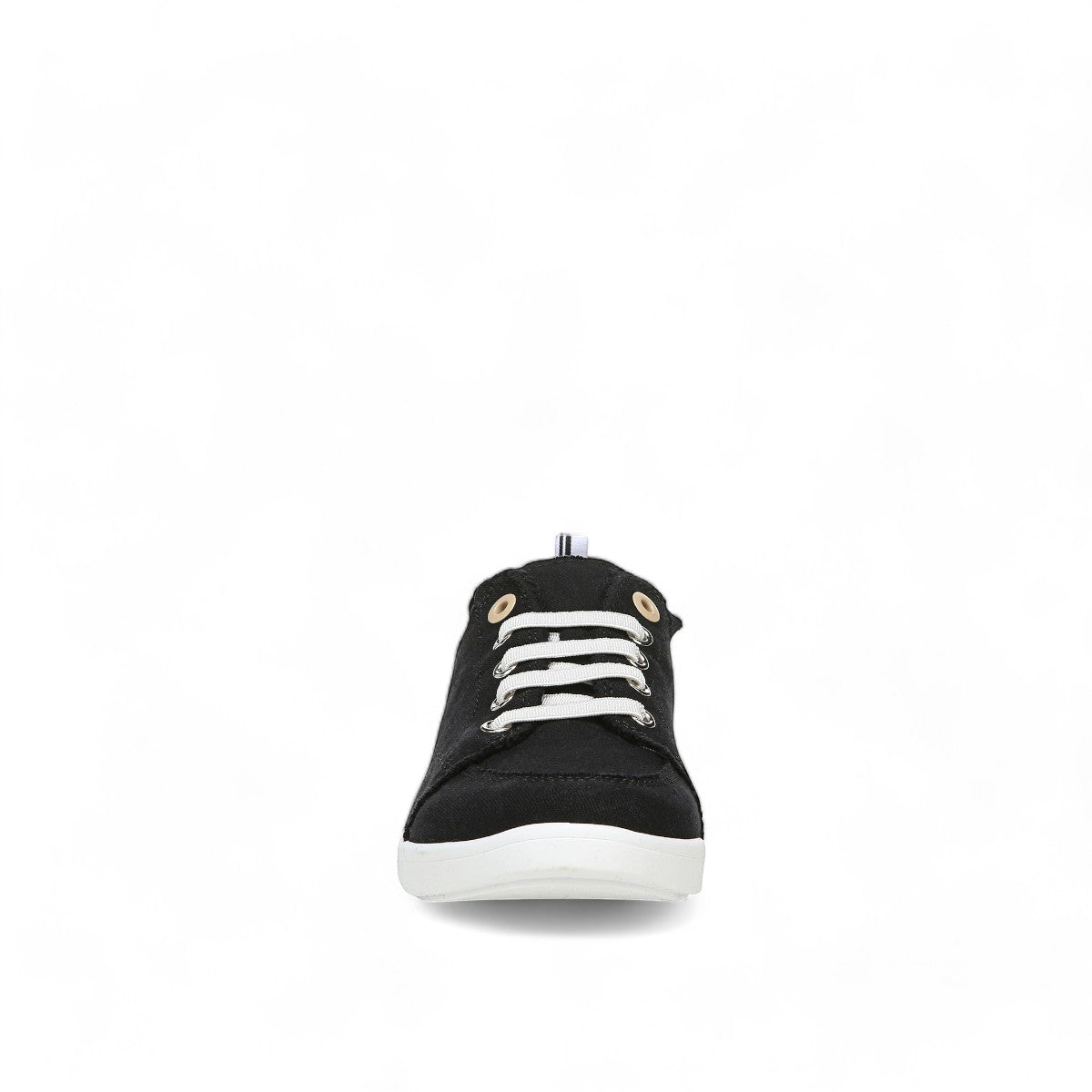 Vionic Venice Pismo black eco-conscious cotton canvas slip-on sneaker with white laces and TPR outsole.
photo of the front side