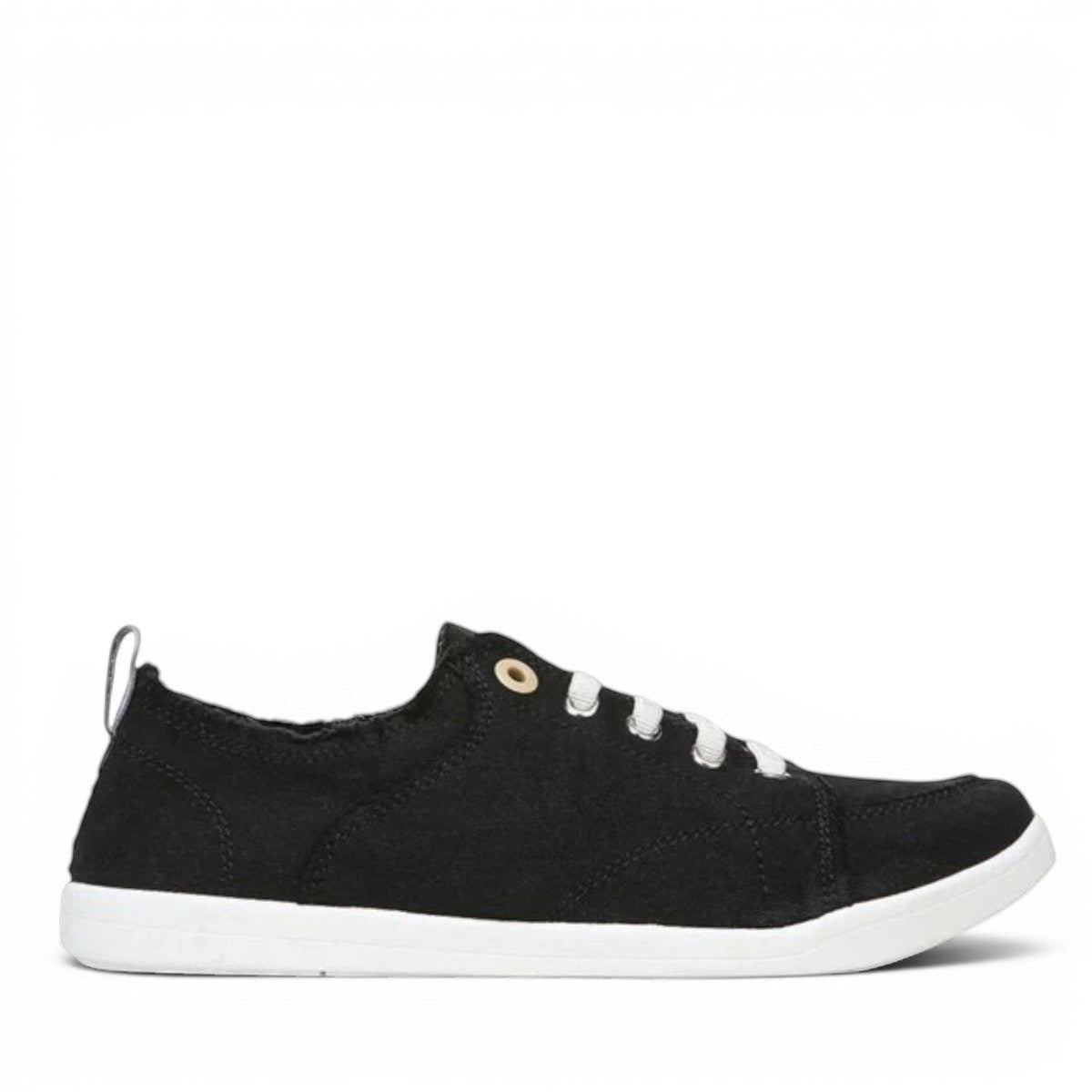 Vionic Venice Pismo black eco-conscious cotton canvas slip-on sneaker with white laces and TPR outsole.
photo of the right side